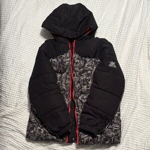 ZeroXposur Black and Gray Camo Puffer Jacket with Red Accents Water Resistant